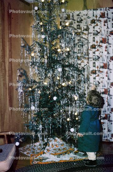 Tree, presents, Decorations, Ornaments, toddler, tinsel, curtain, boy, 1950s
