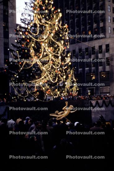 decorated tree, Rockefeller Center, winter, Manhattan, presents, Decorations, Ornament, 1950s