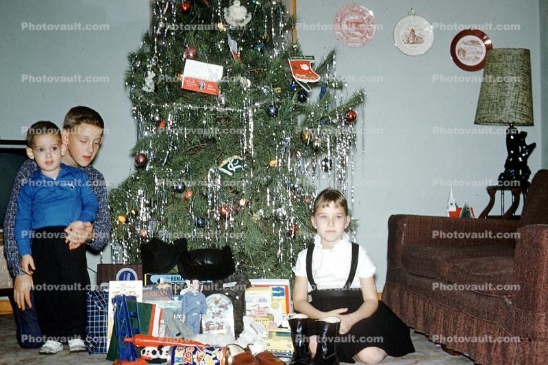 Kids, Children, brother, sister, siblings, sofa, Early Morning, Tinsel, Tree, 1960s