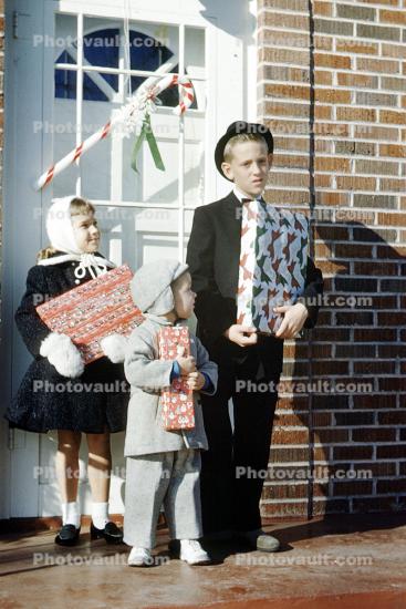 Kids, Children, Early Morning, Presents, Gifts, Door, Cane, Mittens, Cold, 1950s