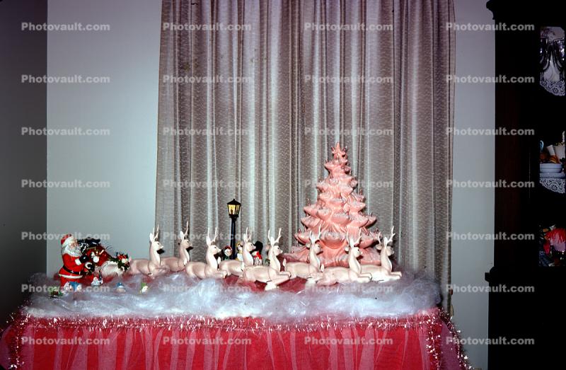 Tiny Tree, Small, Decorations, Ornaments, Santa Claus, reindeer, sled, cute, funny, pink tree, drapes, curtain, 1950s