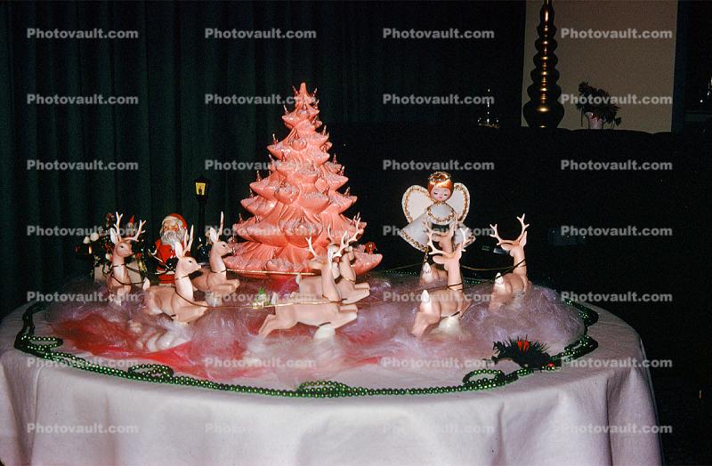 Small, Reindeer, Santa Claus, Decorations, Ornaments, sled, cute, funny, tiny pink tree, 1950s