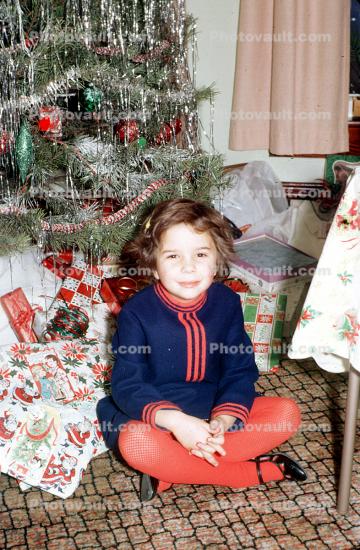 Girl, smiles, cute, Tree, Presents, Gifts, 1950s