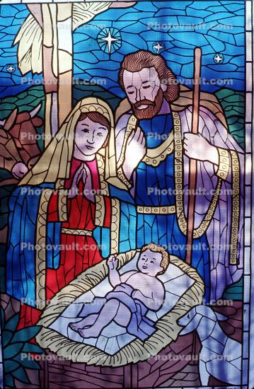 Nativity Scene, Stained Glass, Window, baby jesus, 1950s