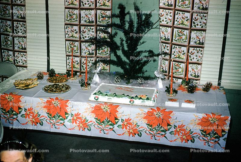 Tiny Tree, Poinsettia, cake, food, napkins, tablecloth, 1940s