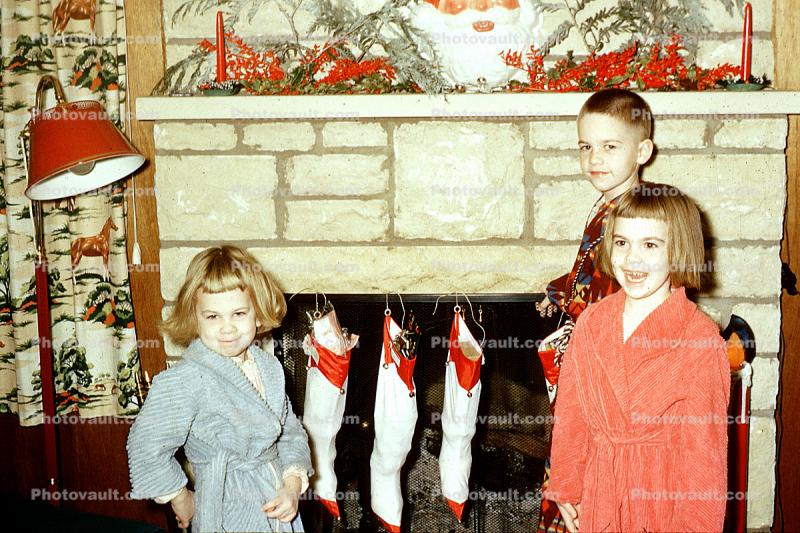 Early Morning, Socks, Stockings, Fireplace, Children, robe, 1950s
