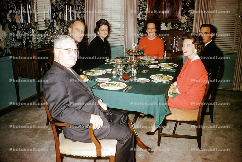 Dinner, Table, food, men, women, plates,  glasses, 1940s