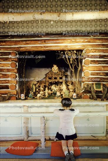 Praying Girl, Kneeling in Prayer, Log Cabin, Nativity Scene, 1960s