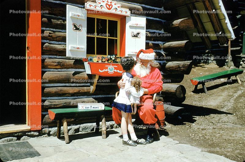 Santa Claus, Log Cabin, girl, building, 1950s