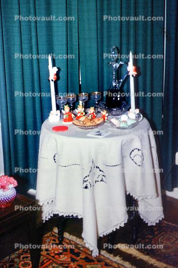 Tablecloth, Cookies, decanter, glasses, angels, napkins, Table Setting, Cloth, Candles, 1950s