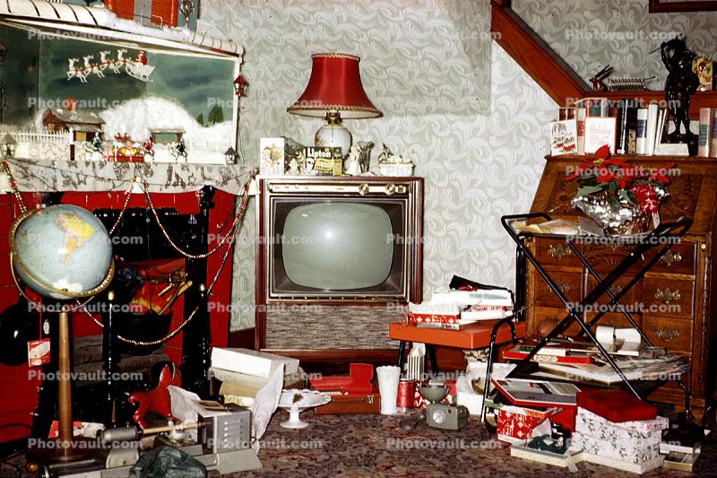 Television, Living room, presents, globe, lamp, mess, abundance, lampshade, 1960s