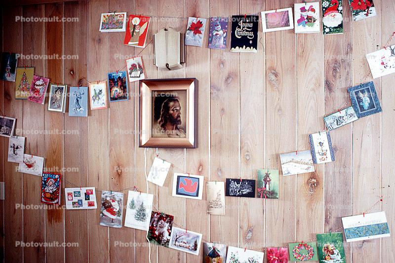 Cards on the Wall, jesus, wood wall, 1950s