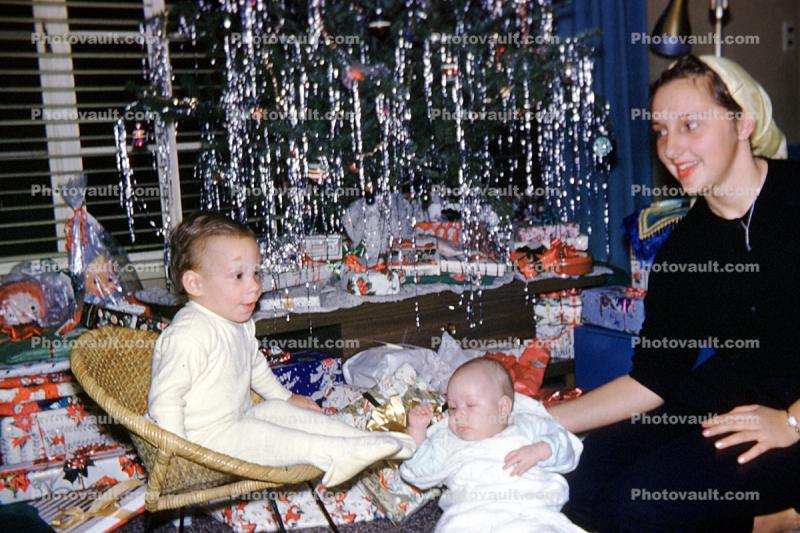 Boys, Toddlers, Baby, Mother, Son, opening presents, 1950s, newborn