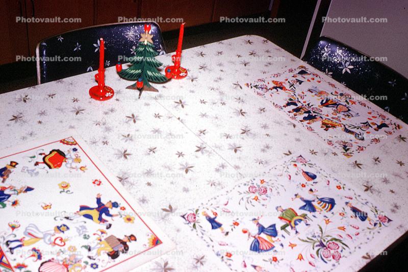 Table setting, candles, tree, placemats, 1950s