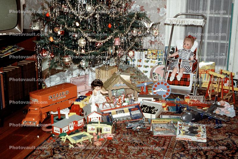 opening presents, Allied Moving Van, archive, Retro, nostalgic, nostalgia, dolls, seaplane toy, 1950s