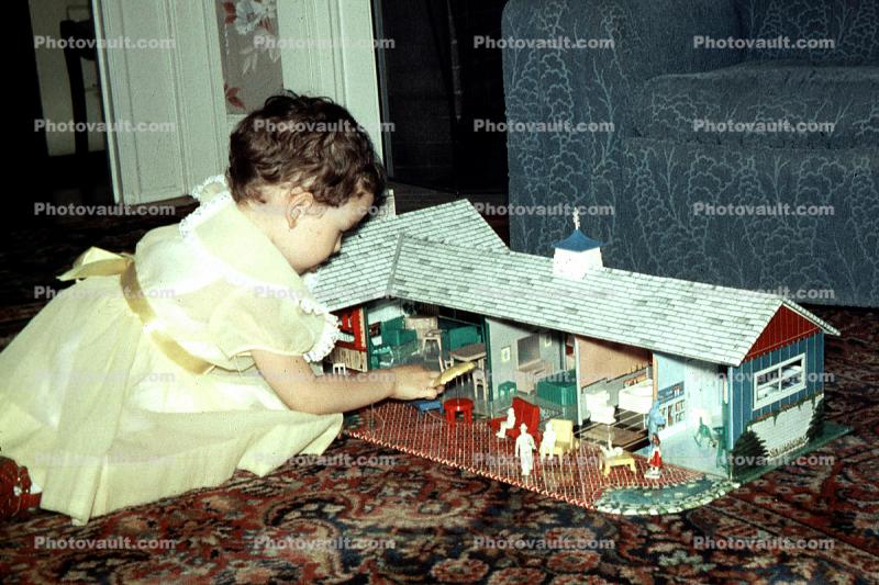 Doll House, Girl, playing, rooms, ranch house, building, home, 1960s