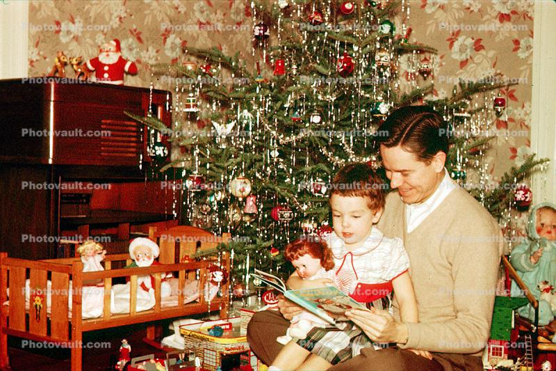 Girl, Doll, father reading a book, crib, cute, Tree, Presents, Gifts, Decorations, Ornaments, 1940s