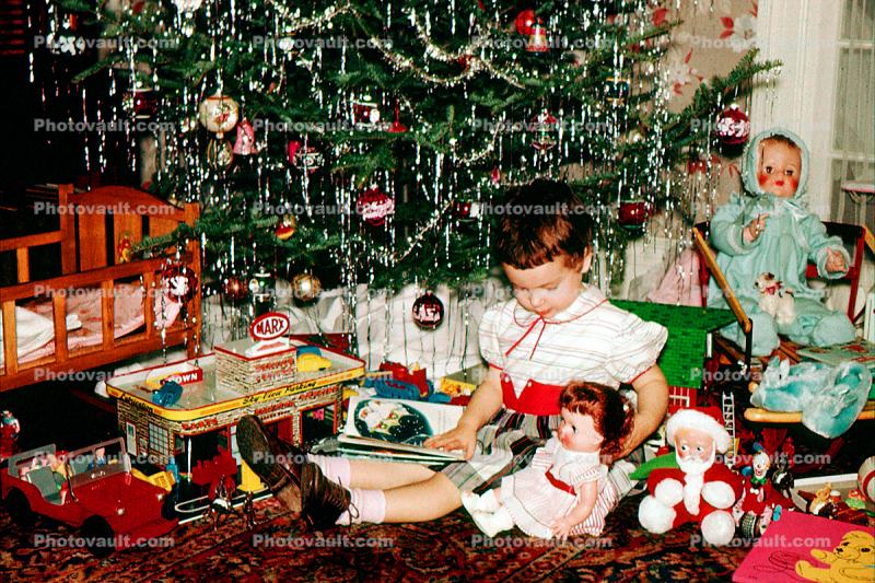 Girl, Doll, crib, jeep, Tree, Presents, Gifts, Decorations, Ornaments, 1940s