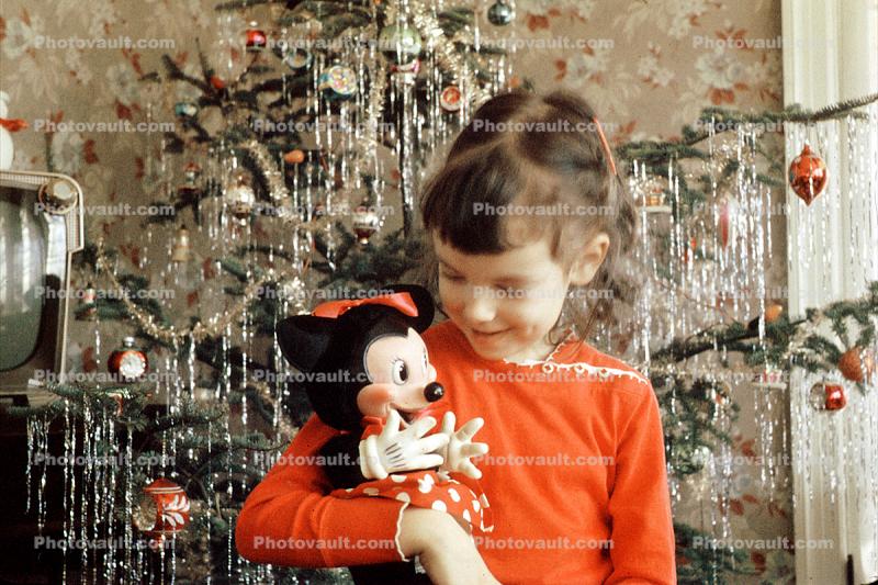 Girl with Minnie Mouse, doll, cute, adorable, Tree, Presents, Gifts, Decorations, Ornaments, 1960s