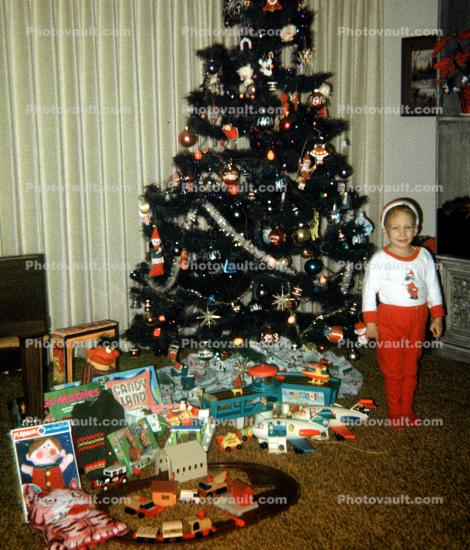 Girl, Pajama, Tree, Presents, Gifts, Decorations, Ornaments, 1950s