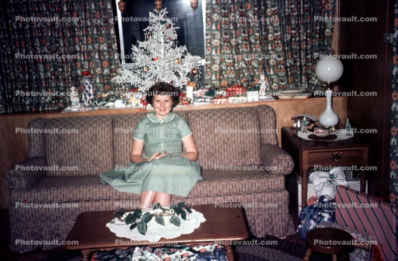 Woman, sofa, dress, coffee table, Tree, Presents, Gifts, Decorations, Ornaments, 1950s