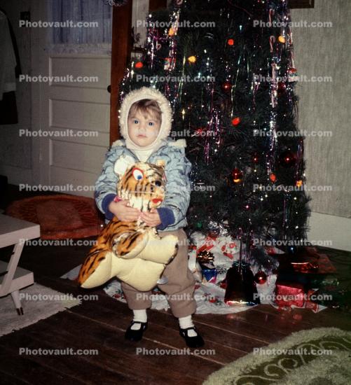 Little girl and her stuffed tiger, cute, tree, December 1969, 1960s