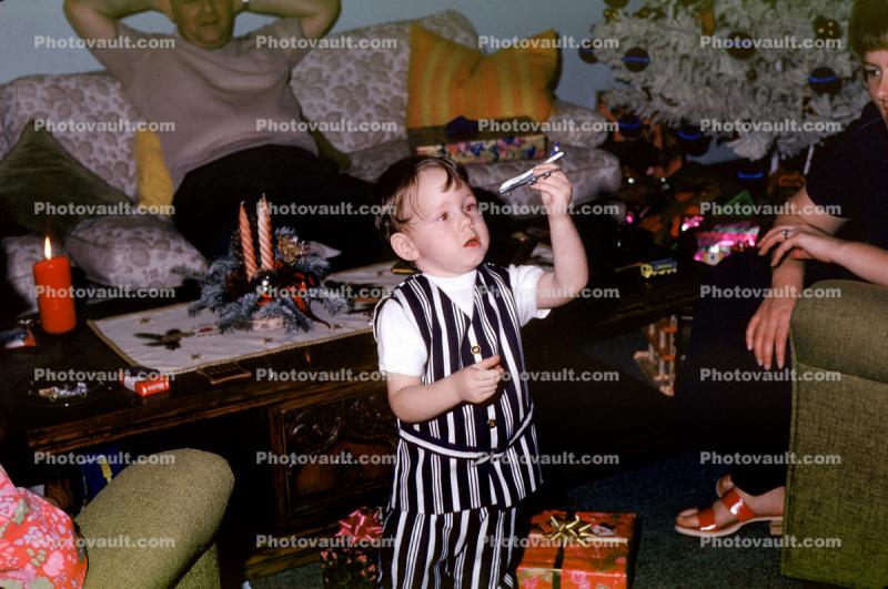 Boy, couch, Airplane, 747 Jet, toy, presents, December 1972, 1970s