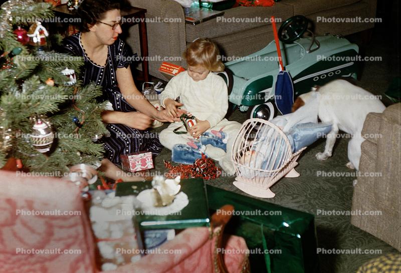 Christmas Tree, Unwrapping Presents, Mother, Daughter, Peddle car, 1950s