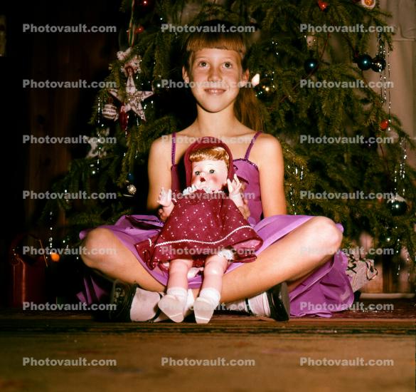 Girl and her new Doll, Christmas Tree, Presents, 1950s
