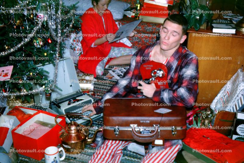 Christmas Tree, Presents, suitcase, typewriter, unwrapping presents, 1960s