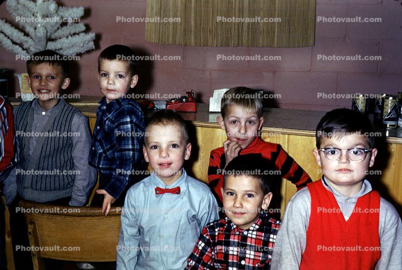 Boys, bowtie, vest, glasses, 1950s