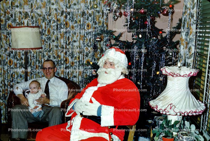 Santa Claus, Father with Baby, toddler, lamps, 1950s