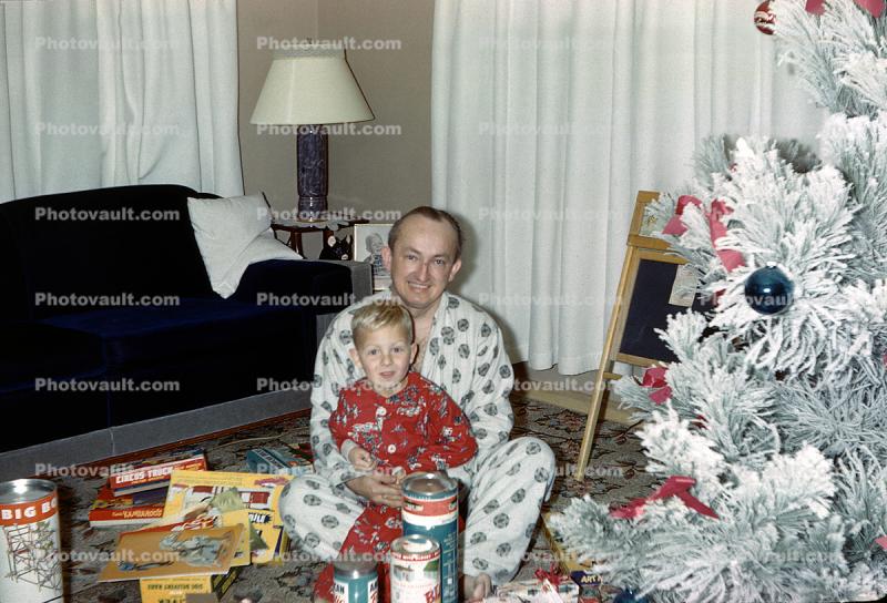 Boy and his Father, Decorated Tree, pajamas, lamp, 1950s