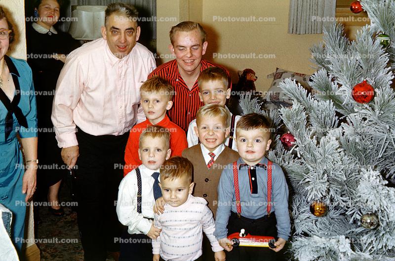 Family Portrait, happy boys, smiles, Frosted Trees, 1950s