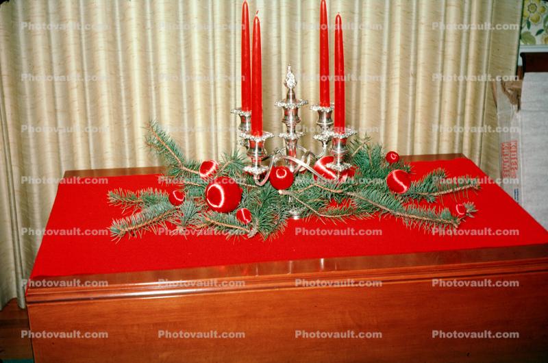 Table with Christmas Decorations, Candles, 1950s