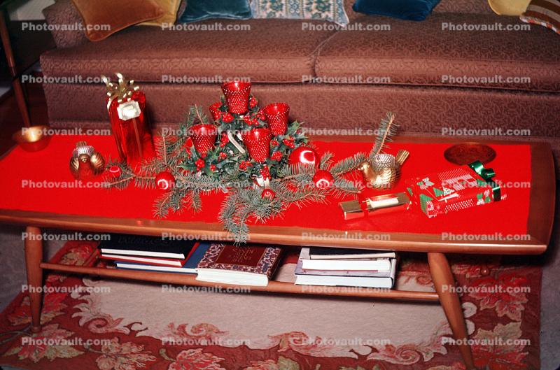 Coffee Table with Christmas Decorations, Candles, books, 1950s