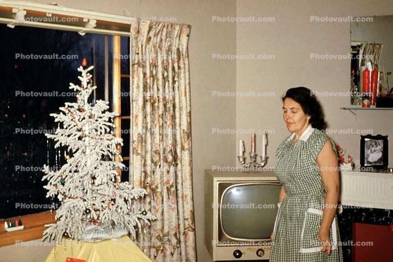 Decorated Tree, television set, candles, Woman, 1950s