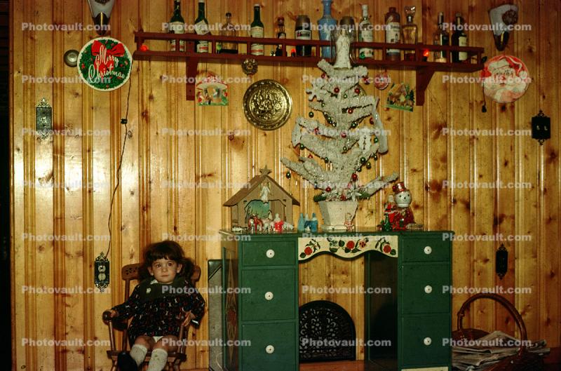 Decorated Tree, girl, wood panel wall