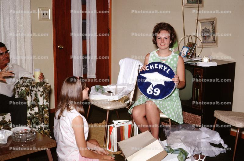 Woman with Graduation Cap gift, television, Cheryl 1969, 1960s