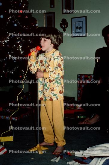 Boy with Microphone, singing, pajama, 1980s