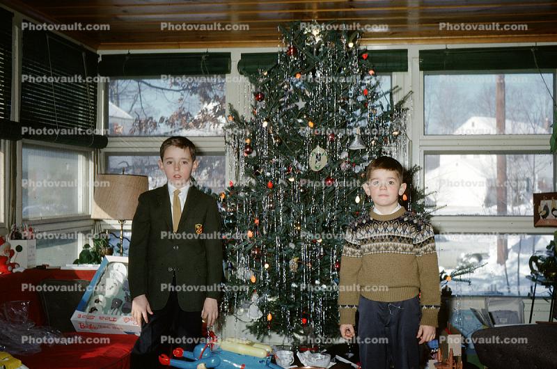 Boys, new sweater, decorated tree, brothers, 1950s
