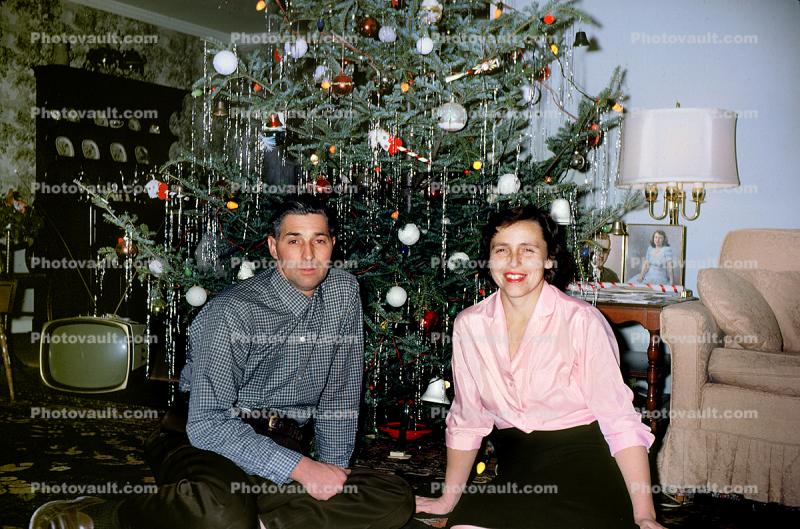 Man, Woman, Couple, television, lamp, frame, decorated tree, 1950s