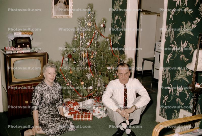 Grandma and Grandpa, Television, decorated tree, 1950s