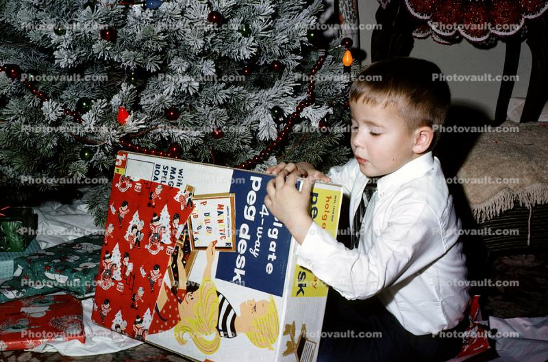 Holgate Page Desk, Boy Opening Present, tree, tie, December 1964