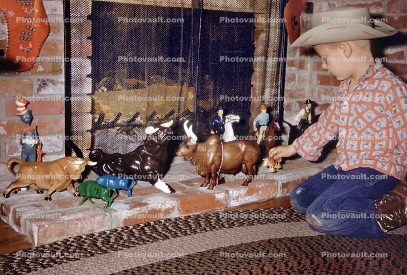 Cowboy with Bull Toys, Fireplace, Hat, 1950s