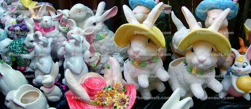 Bunny, Rabbit, Panorama, cute, hats, flowers, ceramic