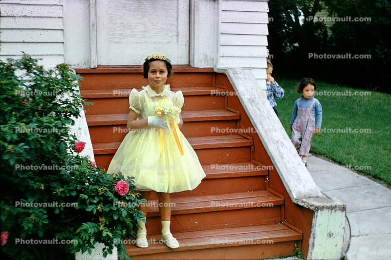 Girl, Dress, Steps, Tiarra, Hat, 1950s