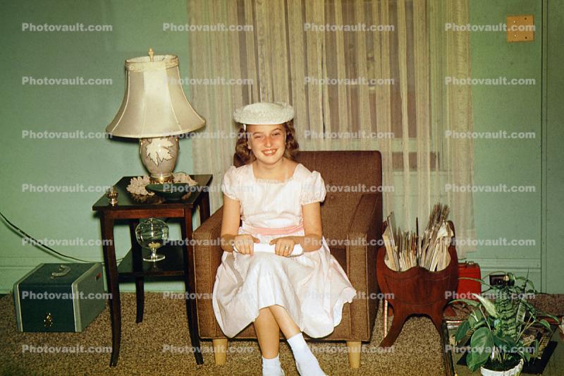 Smiling Girl, Hat, Smiles, Lamp, curtains, formal dress, lampshade, April 1958, 1950s