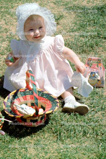 Girl with Bonnet, Backyard, Basket, Lawn, Cute, April 1965, 1960s