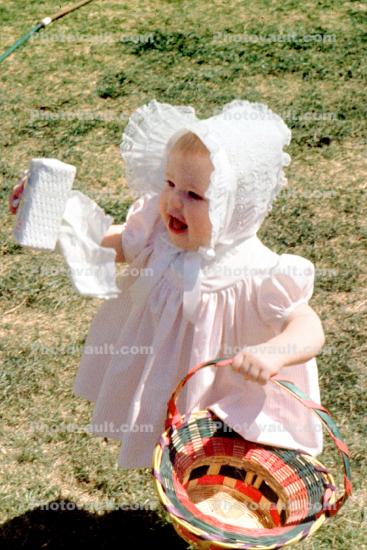 Girl with Bonnet, Backyard, Basket, Lawn, Cute, Springtime, April 1965, 1960s